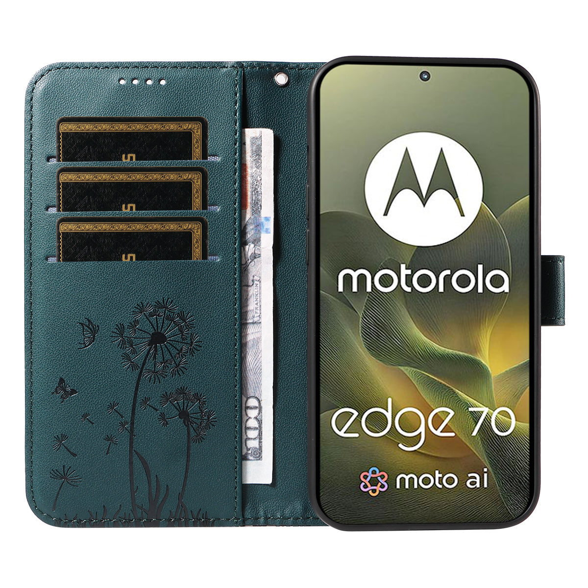 For Motorola Edge 70 5G Leather Wallet Case with Strap Dandelion Imprint Phone Stand Cover - Blue