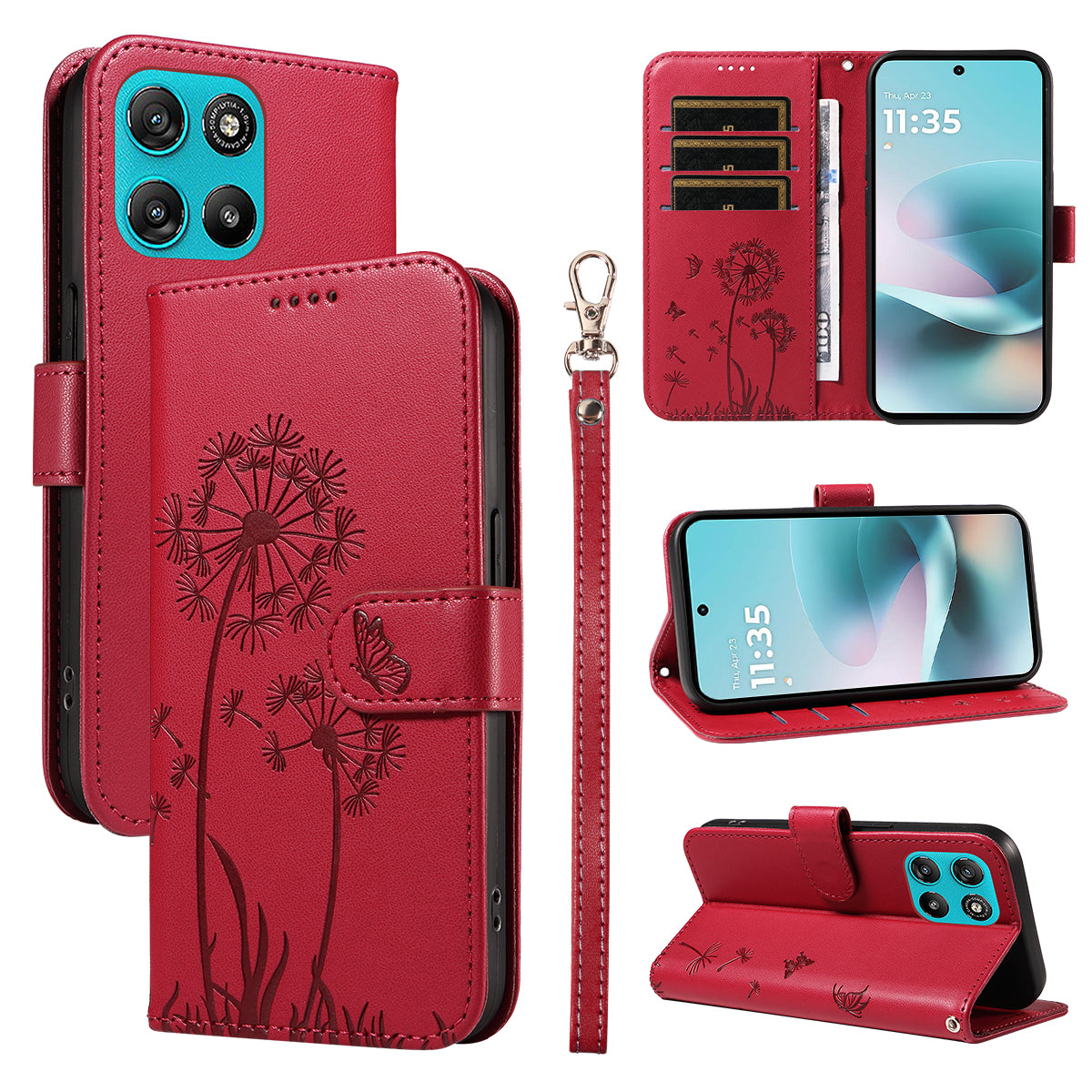 For Motorola Moto G57 Power 5G / Motorola Moto G100 5G (2025) / Motorola Moto G67 Power 5G Leather Wallet Case with Strap Dandelion Imprint Phone Stand Cover - Red