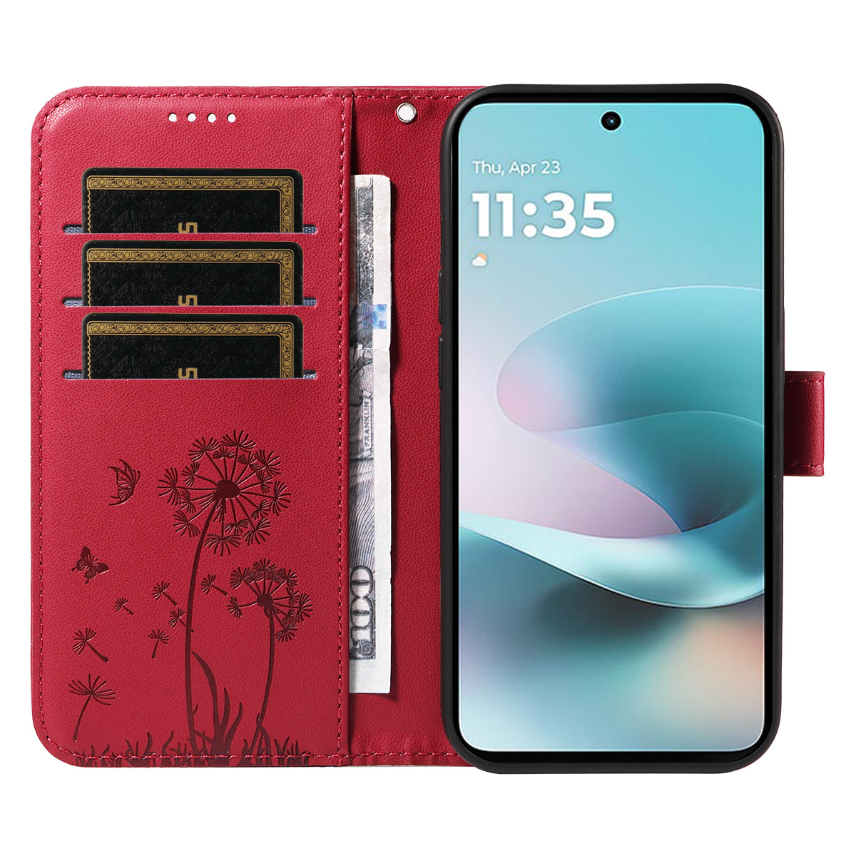 For Motorola Moto G57 Power 5G / Motorola Moto G100 5G (2025) / Motorola Moto G67 Power 5G Leather Wallet Case with Strap Dandelion Imprint Phone Stand Cover - Red