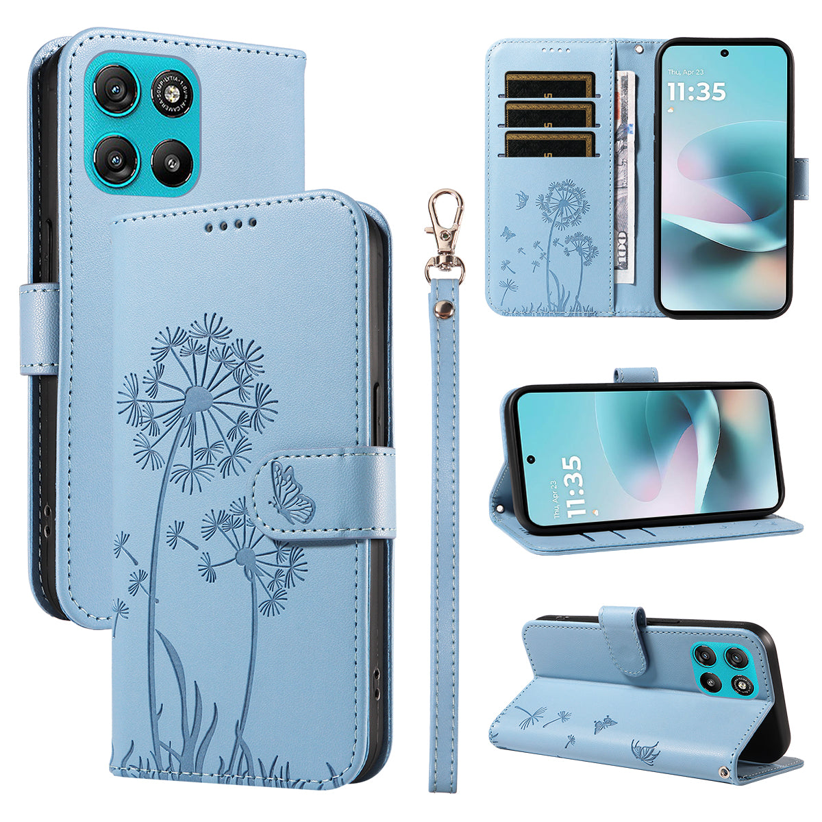 For Motorola Moto G57 Power 5G / Motorola Moto G100 5G (2025) / Motorola Moto G67 Power 5G Leather Wallet Case with Strap Dandelion Imprint Phone Stand Cover - Sky Blue