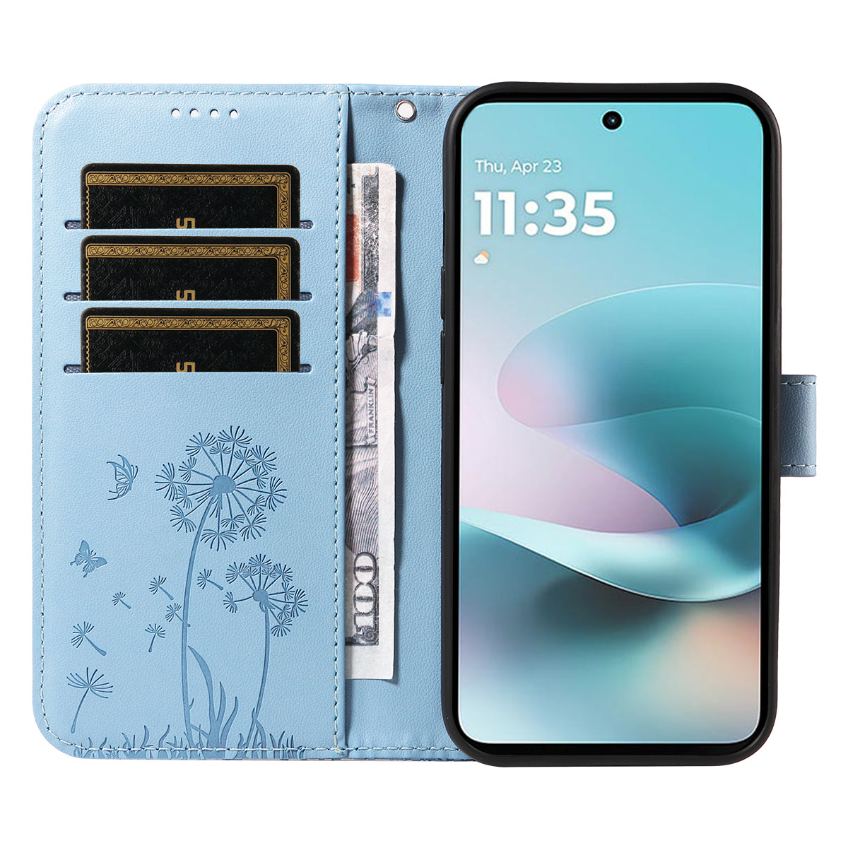 For Motorola Moto G57 Power 5G / Motorola Moto G100 5G (2025) / Motorola Moto G67 Power 5G Leather Wallet Case with Strap Dandelion Imprint Phone Stand Cover - Sky Blue