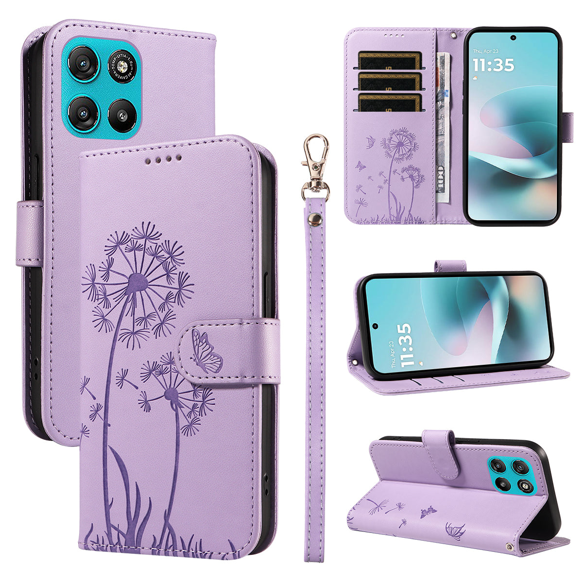 For Motorola Moto G57 Power 5G / Motorola Moto G100 5G (2025) / Motorola Moto G67 Power 5G Leather Wallet Case with Strap Dandelion Imprint Phone Stand Cover - Purple