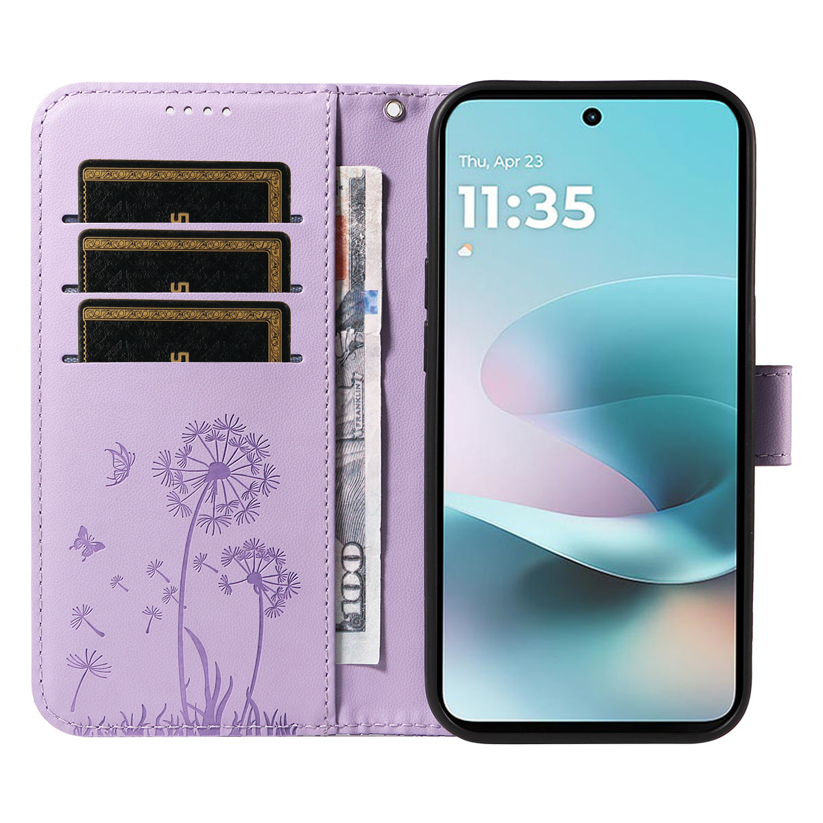 For Motorola Moto G57 Power 5G / Motorola Moto G100 5G (2025) / Motorola Moto G67 Power 5G Leather Wallet Case with Strap Dandelion Imprint Phone Stand Cover - Purple