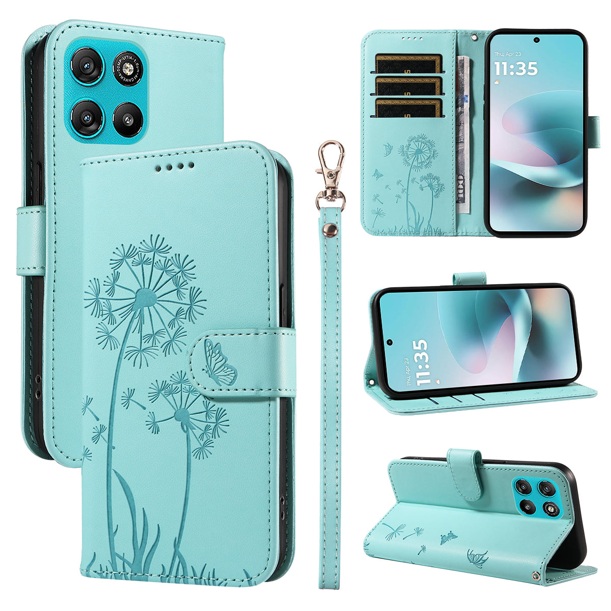 For Motorola Moto G57 Power 5G / Motorola Moto G100 5G (2025) / Motorola Moto G67 Power 5G Leather Wallet Case with Strap Dandelion Imprint Phone Stand Cover - Green