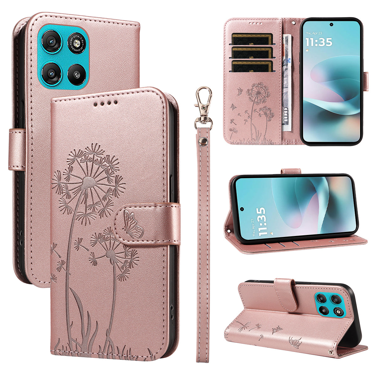 For Motorola Moto G57 Power 5G / Motorola Moto G100 5G (2025) / Motorola Moto G67 Power 5G Leather Wallet Case with Strap Dandelion Imprint Phone Stand Cover - Rose Gold