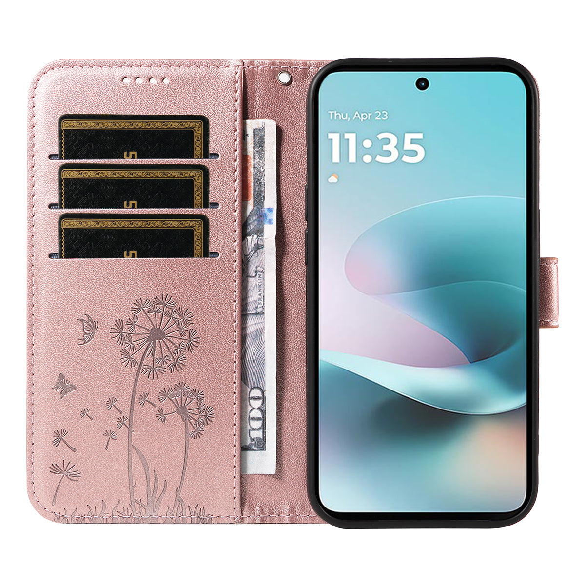 For Motorola Moto G57 Power 5G / Motorola Moto G100 5G (2025) / Motorola Moto G67 Power 5G Leather Wallet Case with Strap Dandelion Imprint Phone Stand Cover - Rose Gold