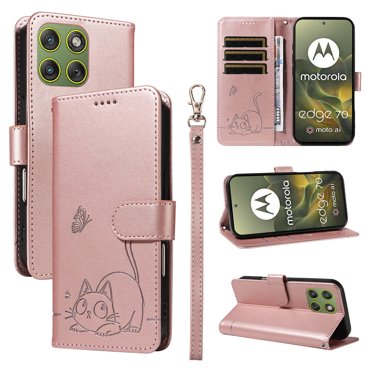 For Motorola Edge 70 5G Case Cat Pattern Imprint Leather Phone Cover with Wrist Strap - Rose Gold