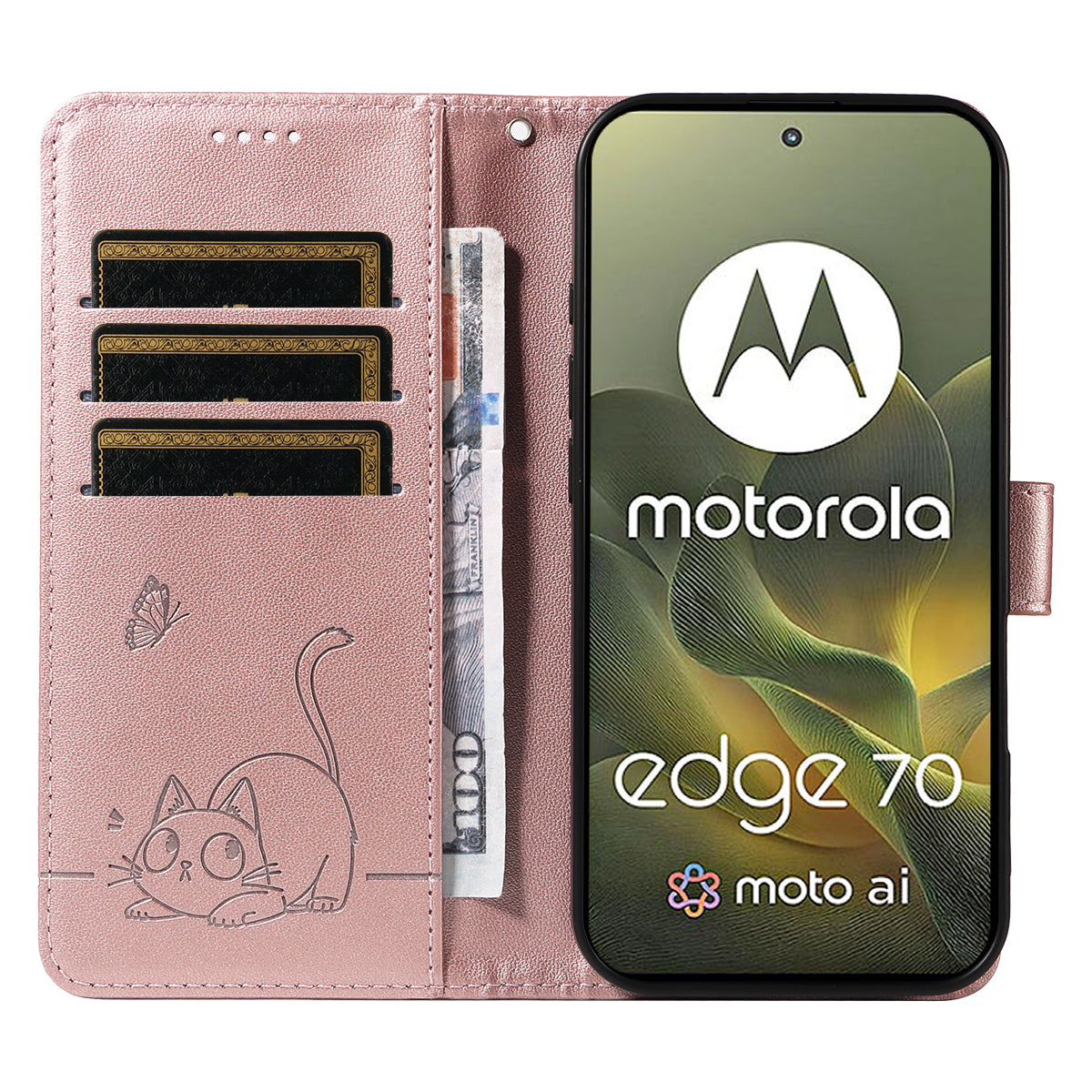 For Motorola Edge 70 5G Case Cat Pattern Imprint Leather Phone Cover with Wrist Strap - Rose Gold