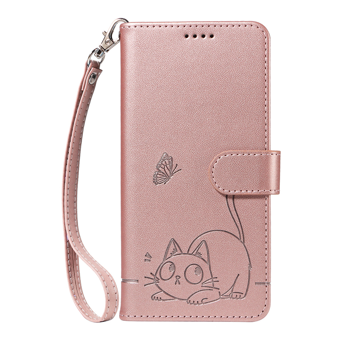 For Motorola Edge 70 5G Case Cat Pattern Imprint Leather Phone Cover with Wrist Strap - Rose Gold