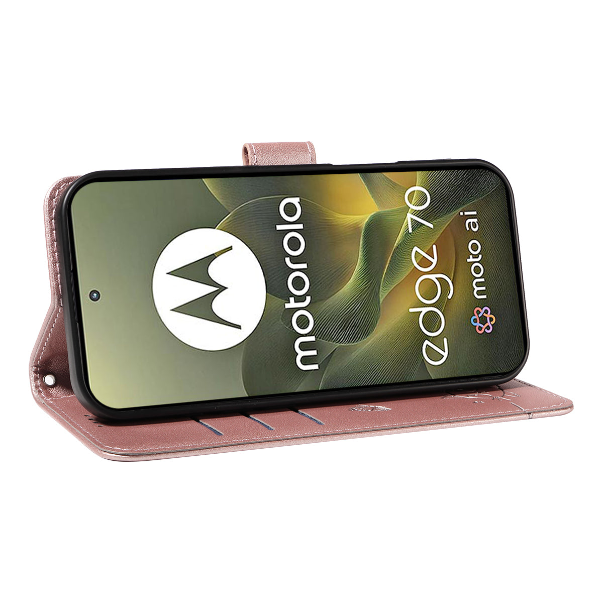 For Motorola Edge 70 5G Case Cat Pattern Imprint Leather Phone Cover with Wrist Strap - Rose Gold