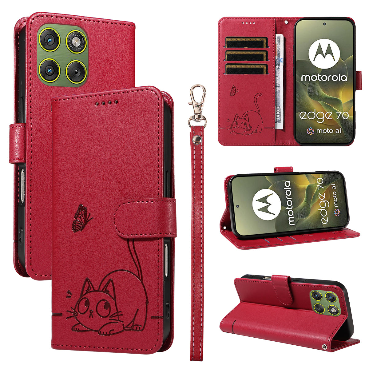 For Motorola Edge 70 5G Case Cat Pattern Imprint Leather Phone Cover with Wrist Strap - Red