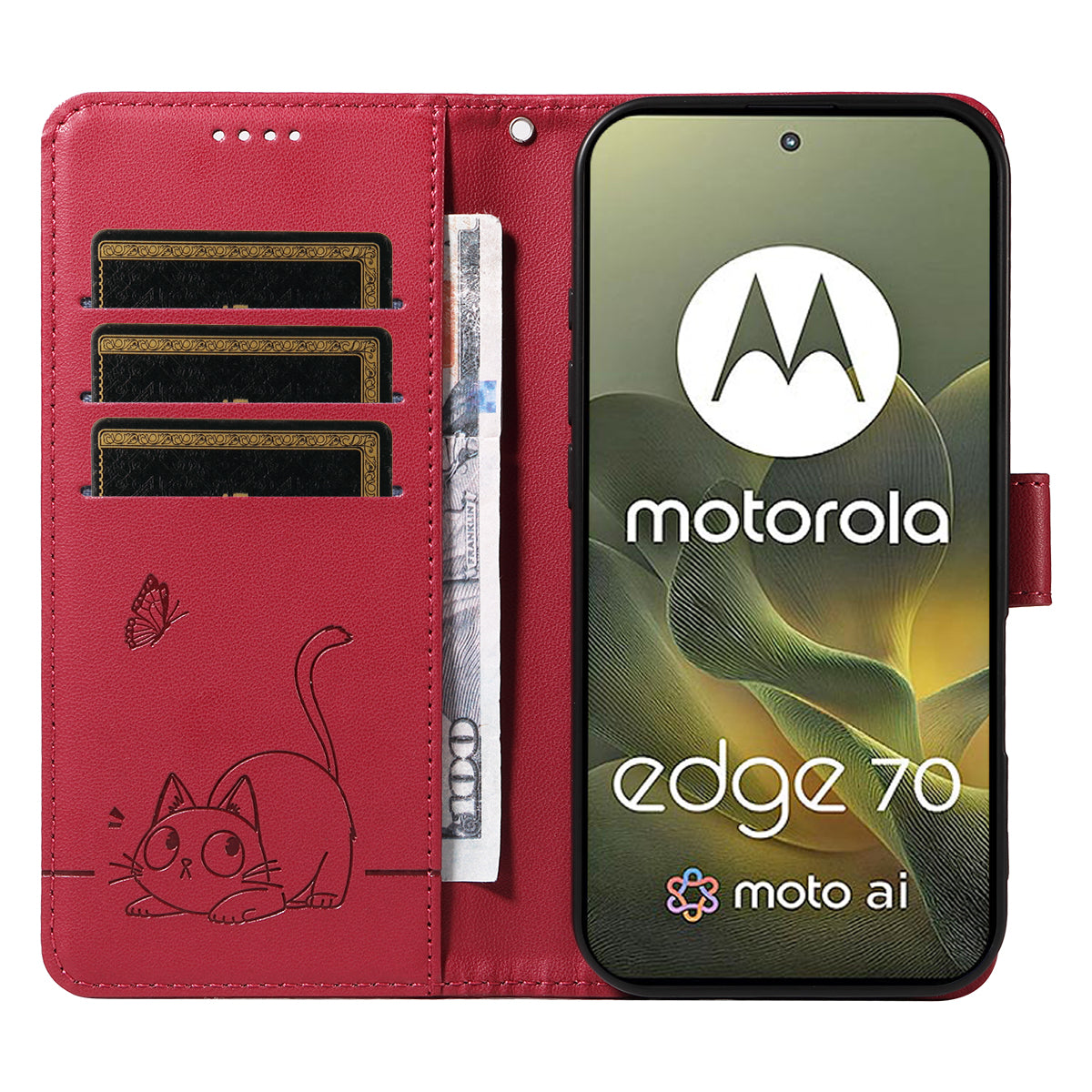 For Motorola Edge 70 5G Case Cat Pattern Imprint Leather Phone Cover with Wrist Strap - Red