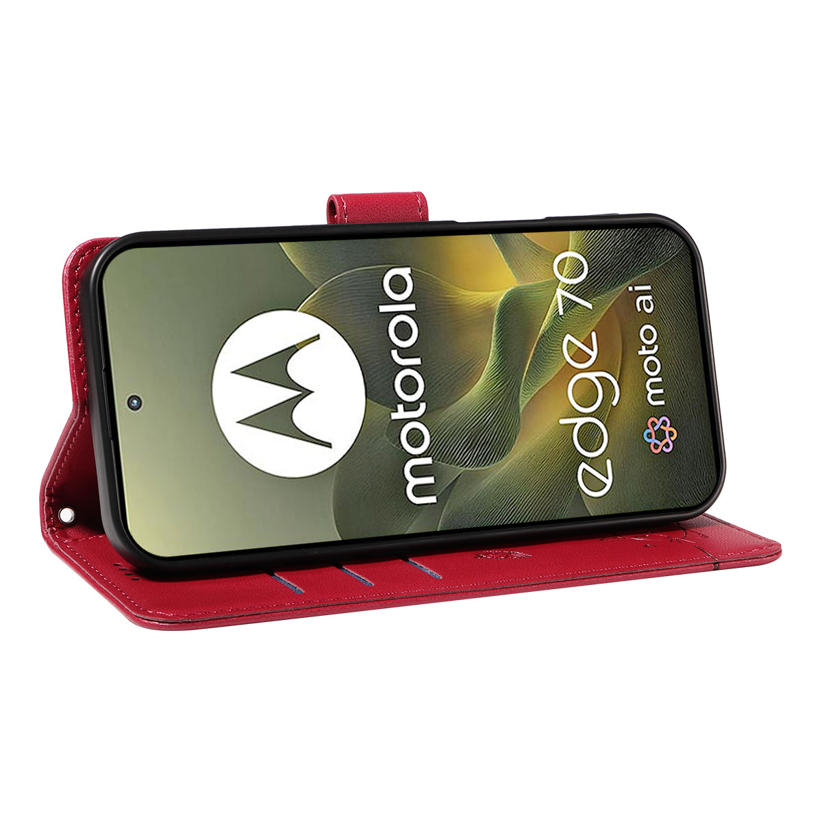 For Motorola Edge 70 5G Case Cat Pattern Imprint Leather Phone Cover with Wrist Strap - Red