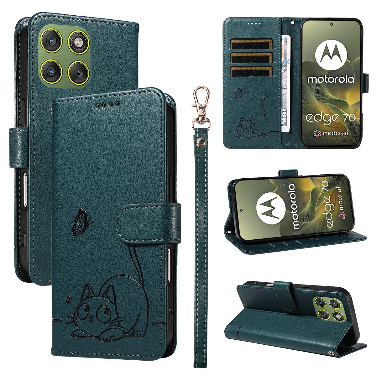 For Motorola Edge 70 5G Case Cat Pattern Imprint Leather Phone Cover with Wrist Strap - Blue