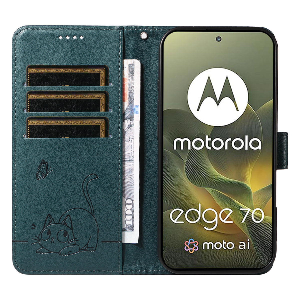 For Motorola Edge 70 5G Case Cat Pattern Imprint Leather Phone Cover with Wrist Strap - Blue
