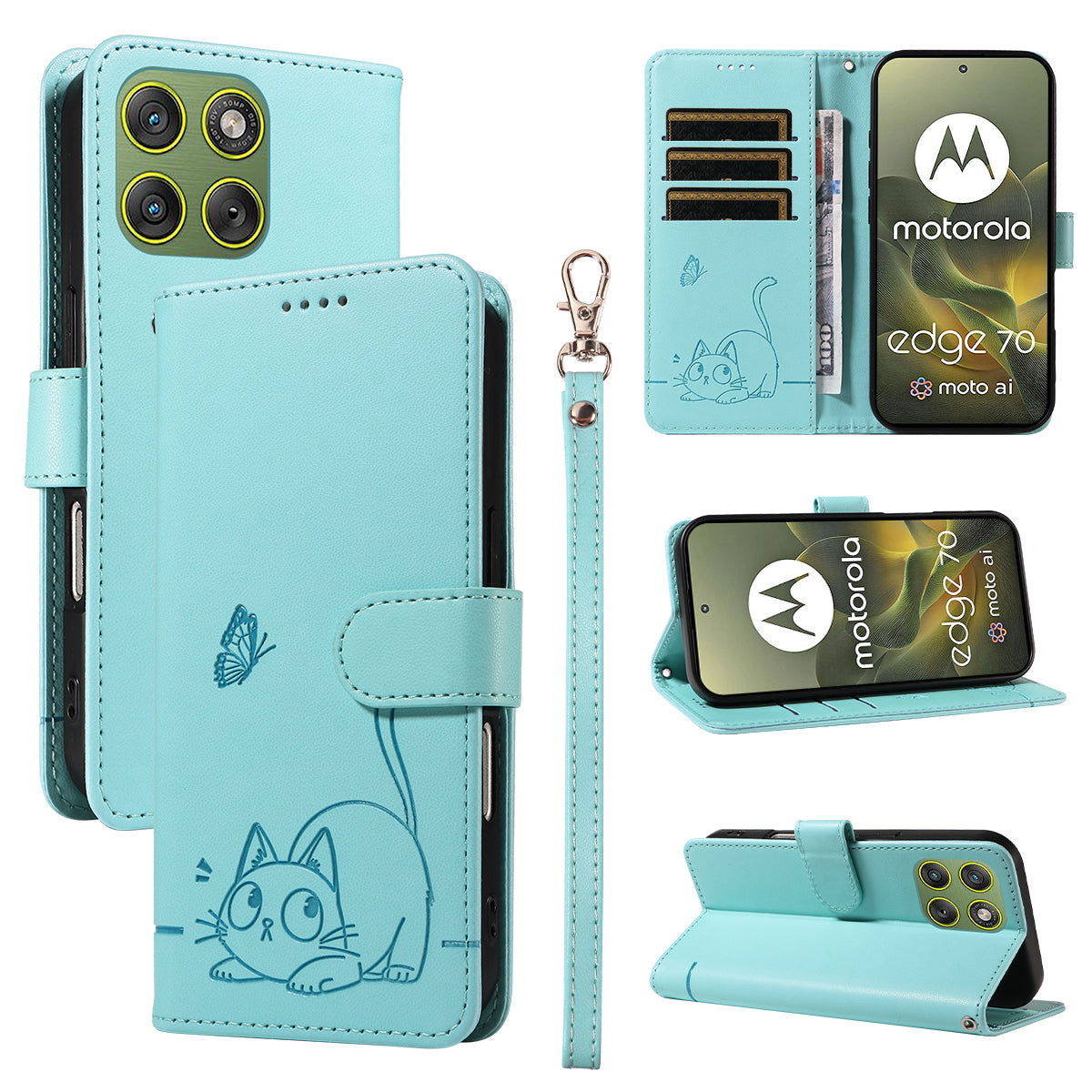 For Motorola Edge 70 5G Case Cat Pattern Imprint Leather Phone Cover with Wrist Strap - Green