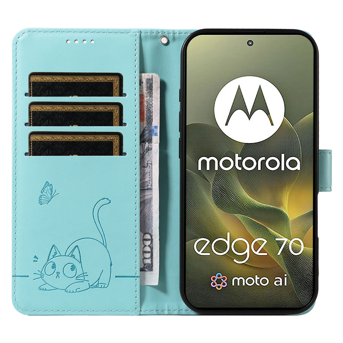 For Motorola Edge 70 5G Case Cat Pattern Imprint Leather Phone Cover with Wrist Strap - Green