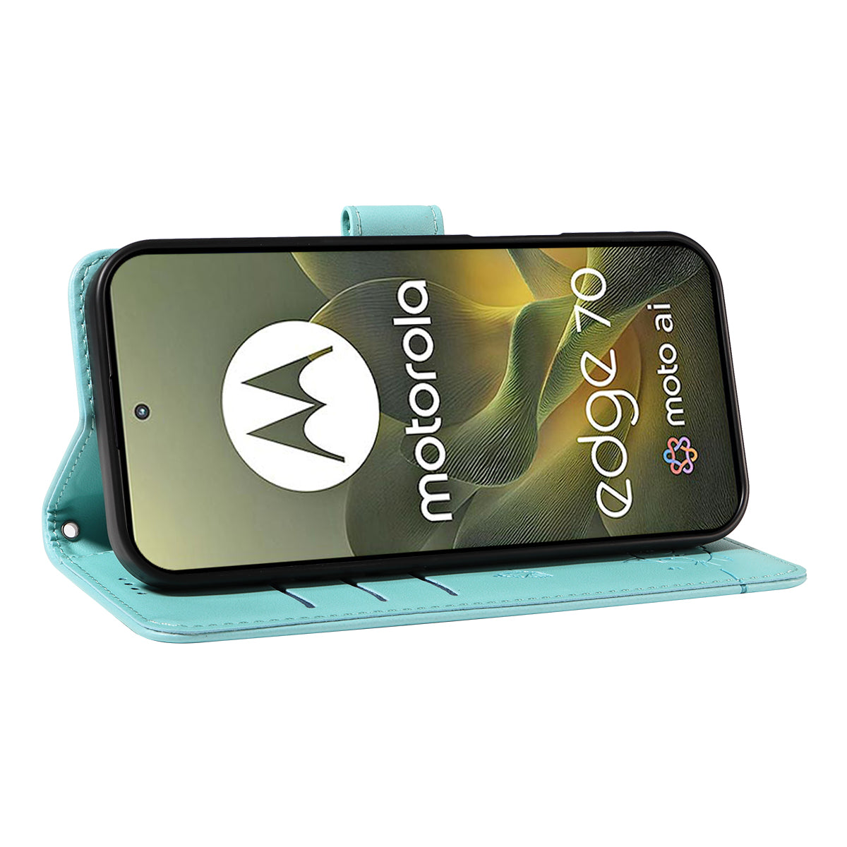 For Motorola Edge 70 5G Case Cat Pattern Imprint Leather Phone Cover with Wrist Strap - Green