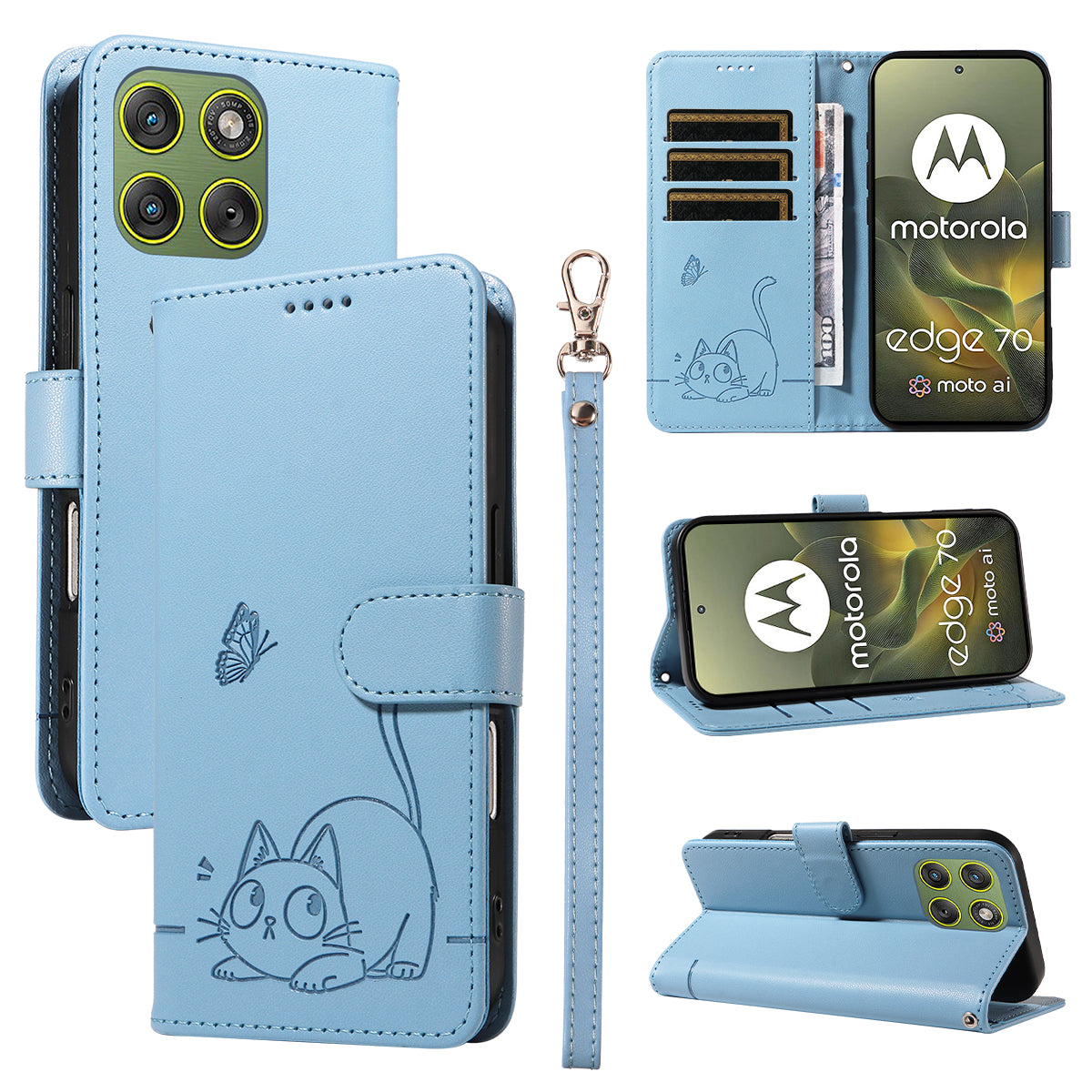 For Motorola Edge 70 5G Case Cat Pattern Imprint Leather Phone Cover with Wrist Strap - Sky Blue
