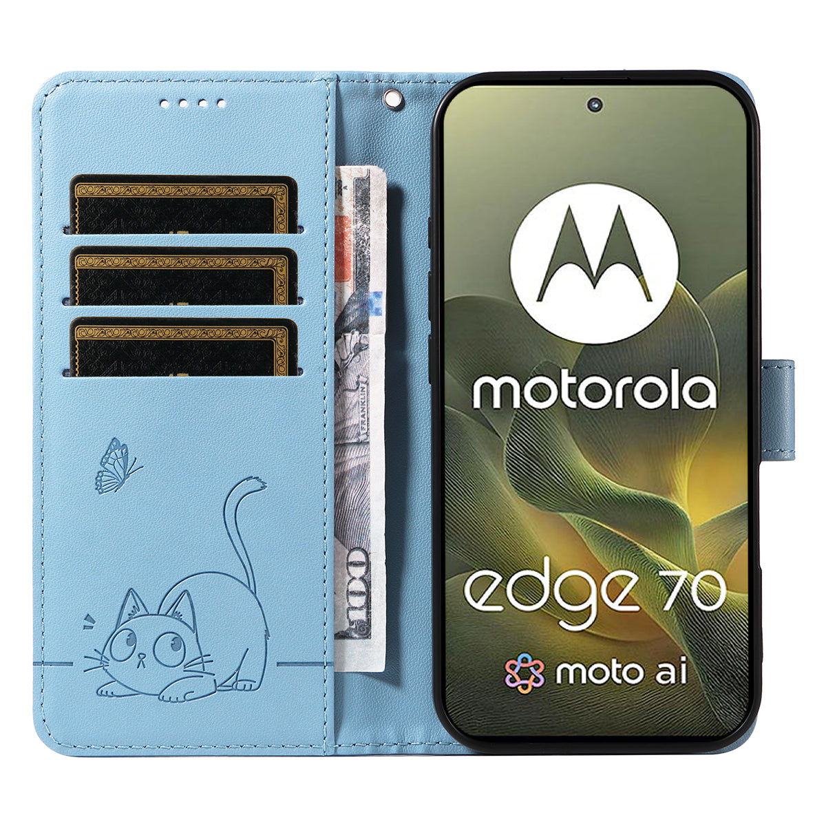 For Motorola Edge 70 5G Case Cat Pattern Imprint Leather Phone Cover with Wrist Strap - Sky Blue