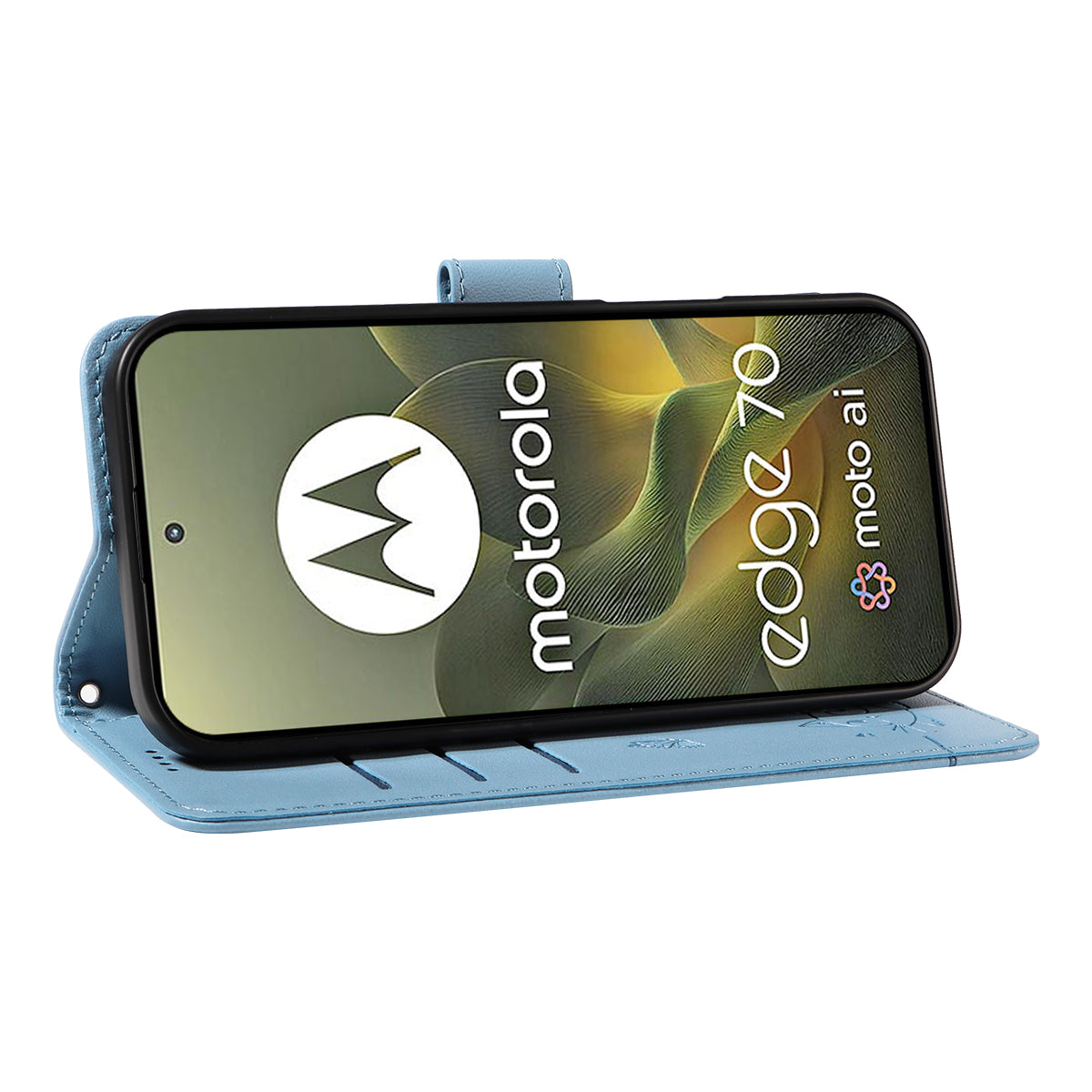 For Motorola Edge 70 5G Case Cat Pattern Imprint Leather Phone Cover with Wrist Strap - Sky Blue