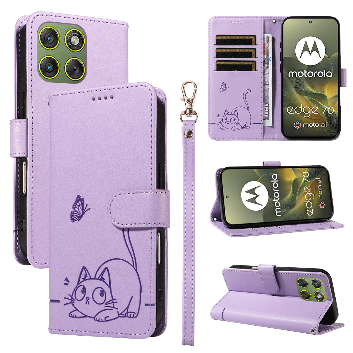 For Motorola Edge 70 5G Case Cat Pattern Imprint Leather Phone Cover with Wrist Strap - Purple