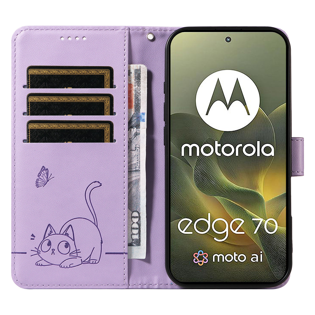 For Motorola Edge 70 5G Case Cat Pattern Imprint Leather Phone Cover with Wrist Strap - Purple