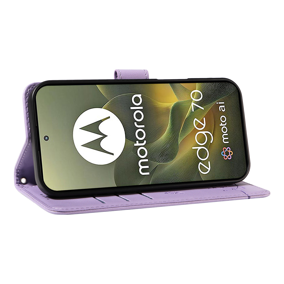 For Motorola Edge 70 5G Case Cat Pattern Imprint Leather Phone Cover with Wrist Strap - Purple