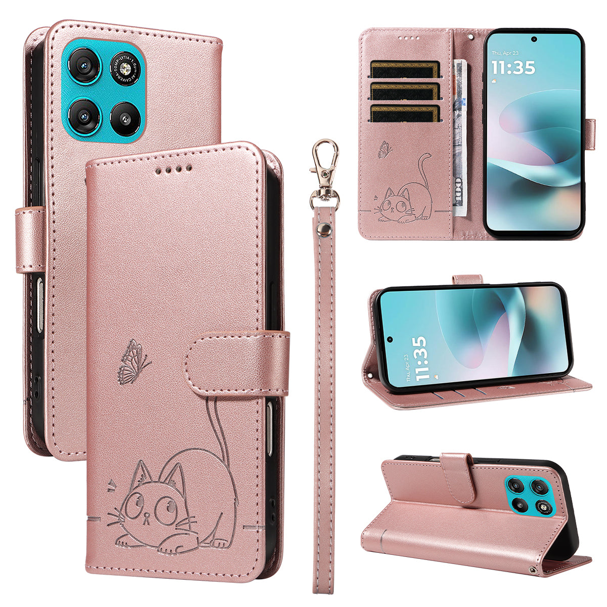 For Motorola Moto G57 Power 5G / Motorola Moto G100 5G (2025) / Motorola Moto G67 Power 5G Case Cat Pattern Imprint Leather Phone Cover with Wrist Strap - Rose Gold