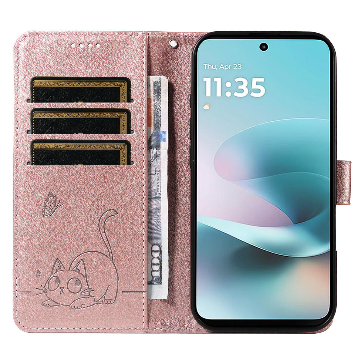 For Motorola Moto G57 Power 5G / Motorola Moto G100 5G (2025) / Motorola Moto G67 Power 5G Case Cat Pattern Imprint Leather Phone Cover with Wrist Strap - Rose Gold