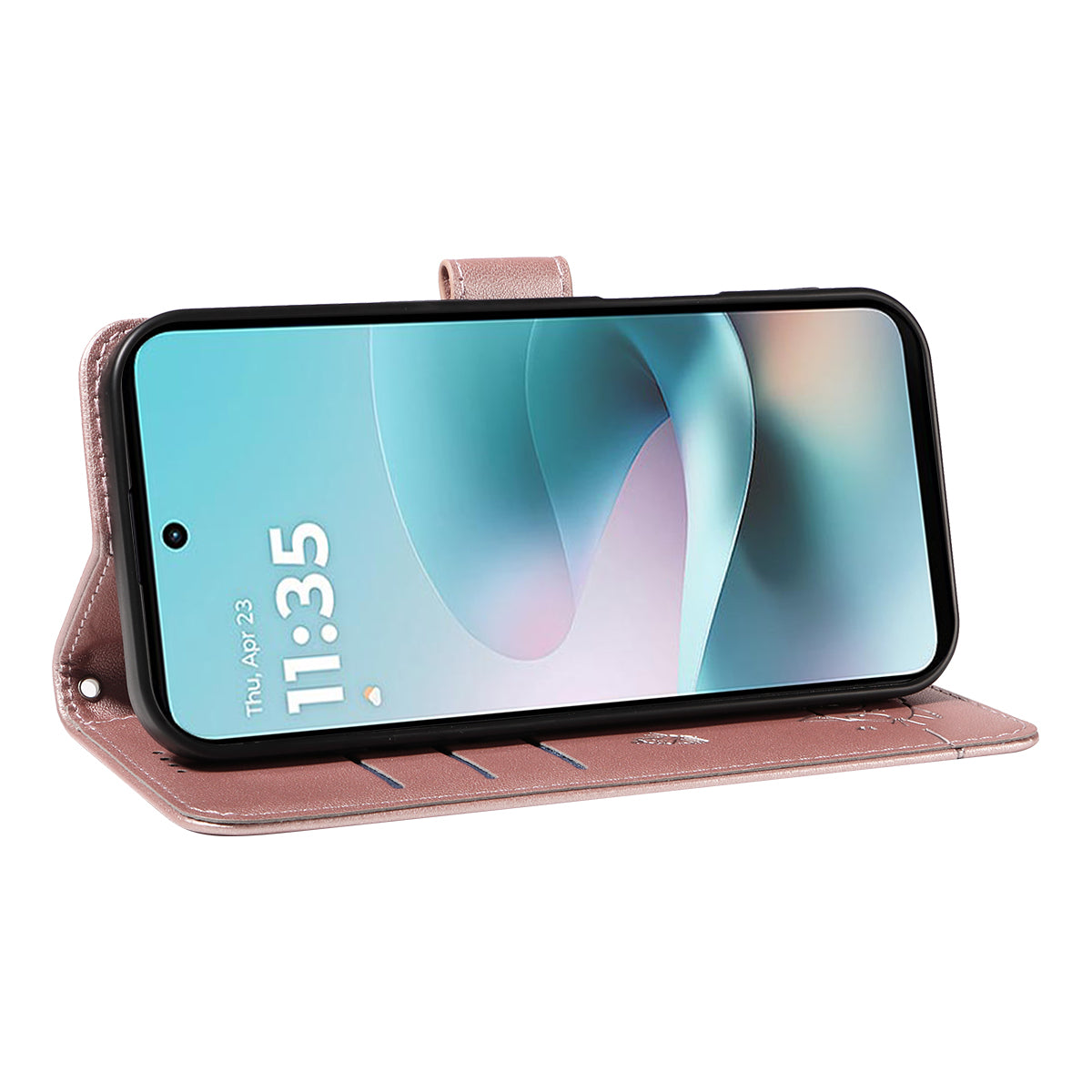 For Motorola Moto G57 Power 5G / Motorola Moto G100 5G (2025) / Motorola Moto G67 Power 5G Case Cat Pattern Imprint Leather Phone Cover with Wrist Strap - Rose Gold