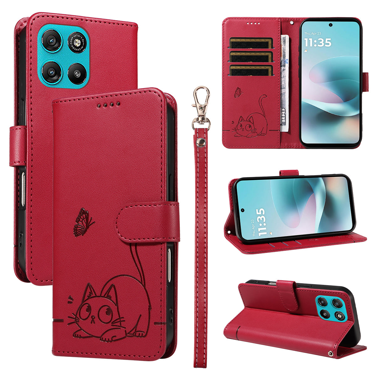 For Motorola Moto G57 Power 5G / Motorola Moto G100 5G (2025) / Motorola Moto G67 Power 5G Case Cat Pattern Imprint Leather Phone Cover with Wrist Strap - Red
