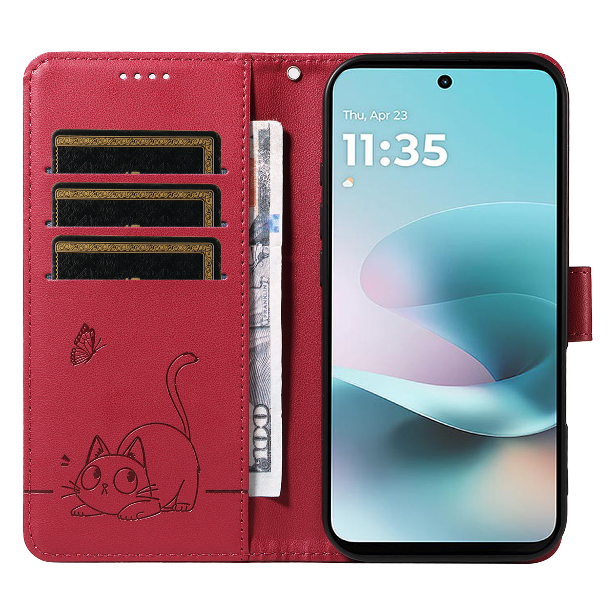For Motorola Moto G57 Power 5G / Motorola Moto G100 5G (2025) / Motorola Moto G67 Power 5G Case Cat Pattern Imprint Leather Phone Cover with Wrist Strap - Red