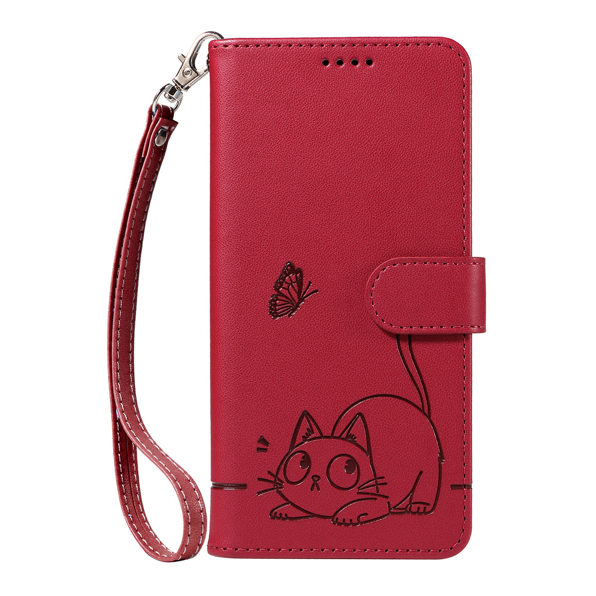 For Motorola Moto G57 Power 5G / Motorola Moto G100 5G (2025) / Motorola Moto G67 Power 5G Case Cat Pattern Imprint Leather Phone Cover with Wrist Strap - Red