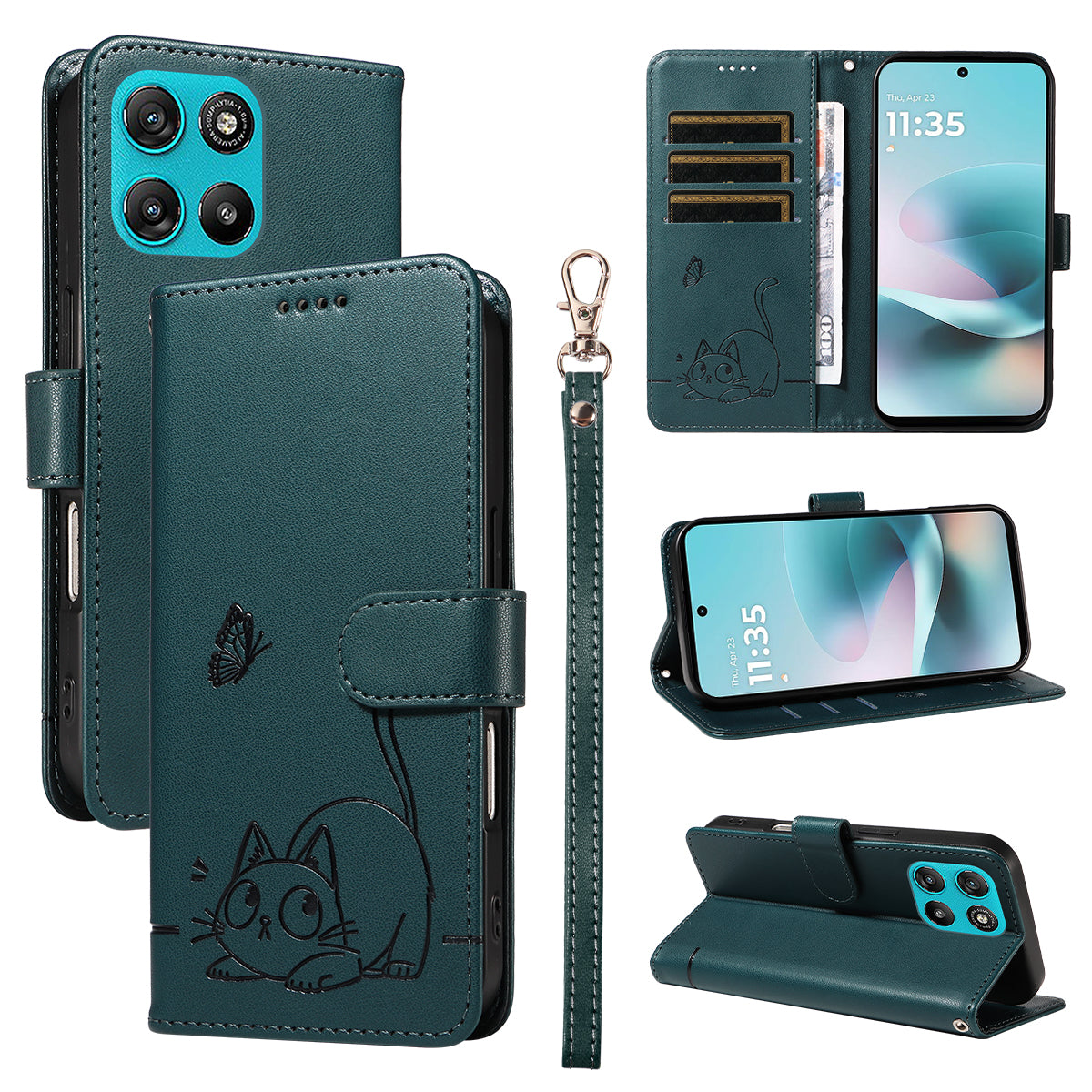 For Motorola Moto G57 Power 5G / Motorola Moto G100 5G (2025) / Motorola Moto G67 Power 5G Case Cat Pattern Imprint Leather Phone Cover with Wrist Strap - Blue