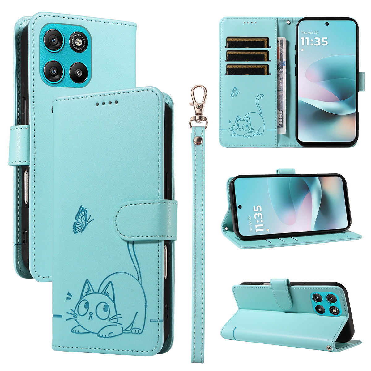 For Motorola Moto G57 Power 5G / Motorola Moto G100 5G (2025) / Motorola Moto G67 Power 5G Case Cat Pattern Imprint Leather Phone Cover with Wrist Strap - Green