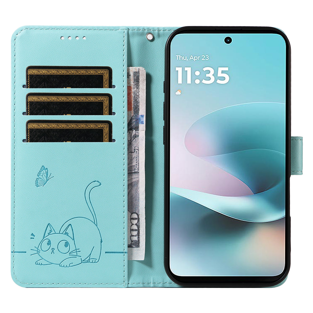 For Motorola Moto G57 Power 5G / Motorola Moto G100 5G (2025) / Motorola Moto G67 Power 5G Case Cat Pattern Imprint Leather Phone Cover with Wrist Strap - Green