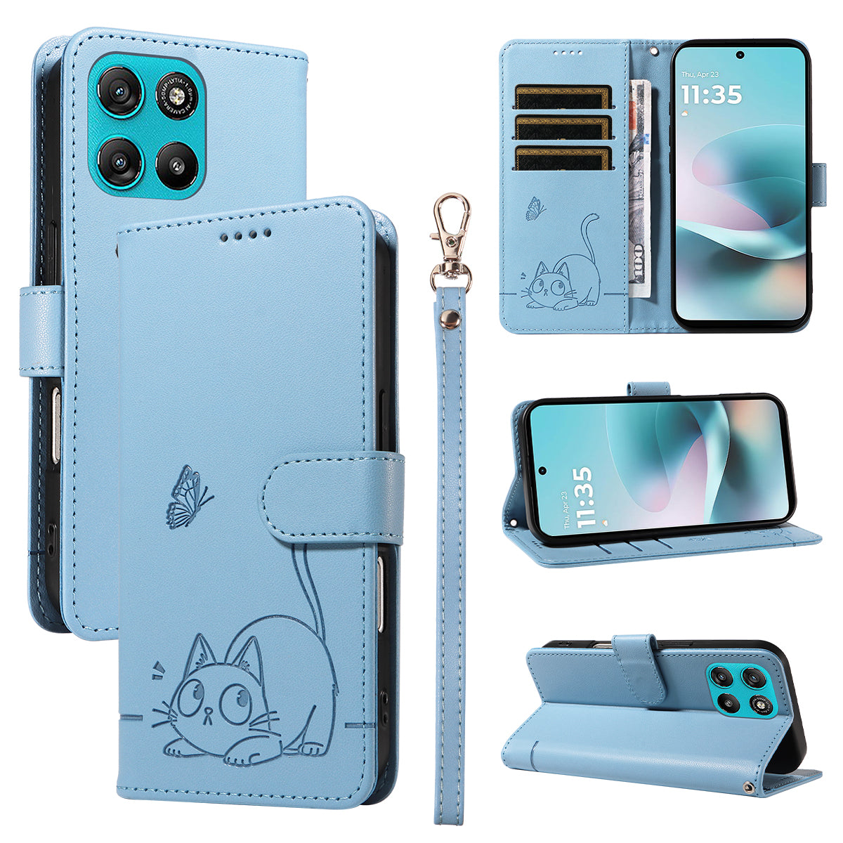 For Motorola Moto G57 Power 5G / Motorola Moto G100 5G (2025) / Motorola Moto G67 Power 5G Case Cat Pattern Imprint Leather Phone Cover with Wrist Strap - Sky Blue