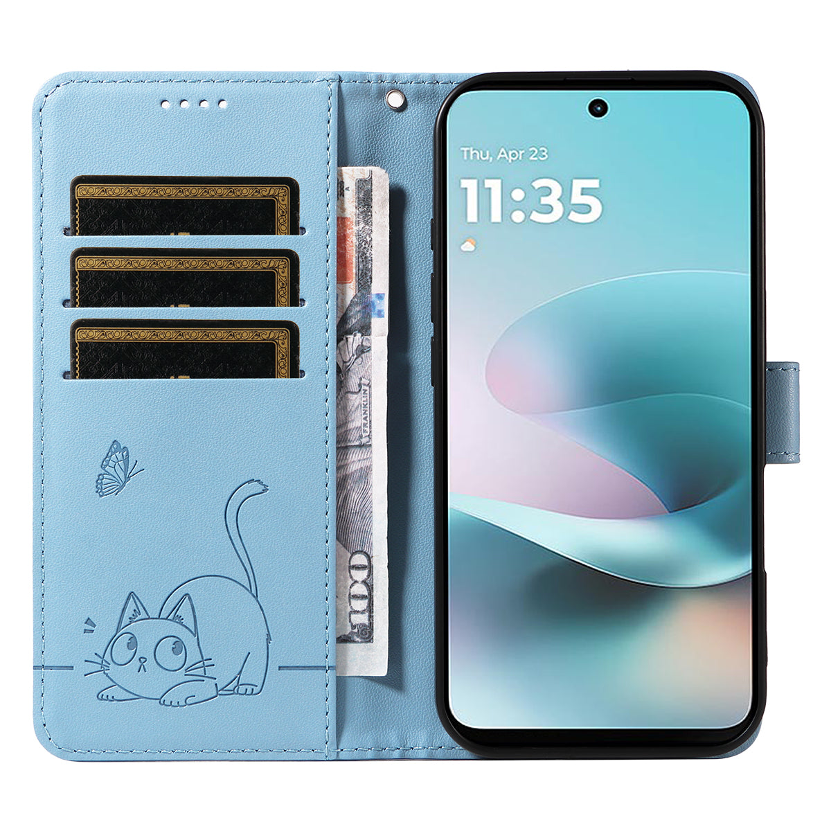 For Motorola Moto G57 Power 5G / Motorola Moto G100 5G (2025) / Motorola Moto G67 Power 5G Case Cat Pattern Imprint Leather Phone Cover with Wrist Strap - Sky Blue