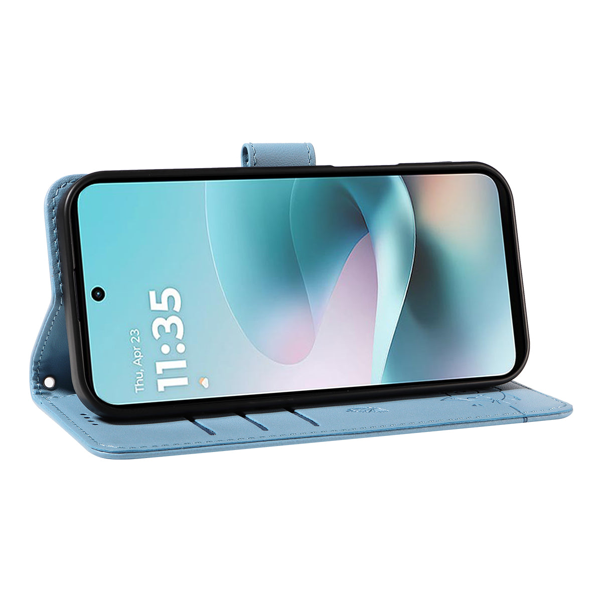 For Motorola Moto G57 Power 5G / Motorola Moto G100 5G (2025) / Motorola Moto G67 Power 5G Case Cat Pattern Imprint Leather Phone Cover with Wrist Strap - Sky Blue