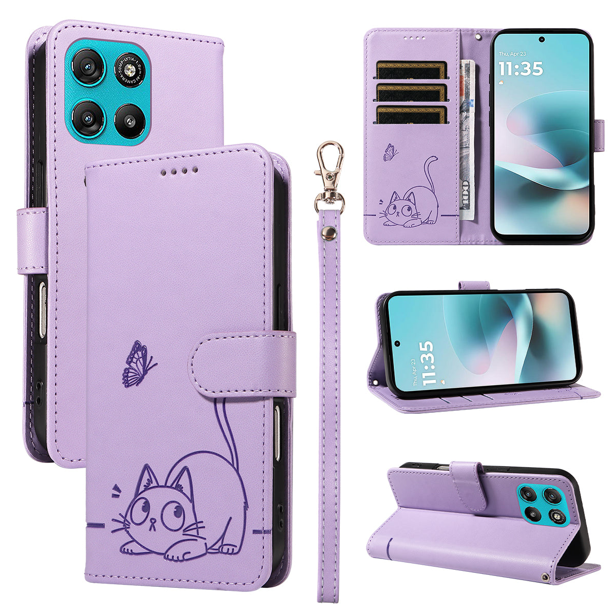 For Motorola Moto G57 Power 5G / Motorola Moto G100 5G (2025) / Motorola Moto G67 Power 5G Case Cat Pattern Imprint Leather Phone Cover with Wrist Strap - Purple