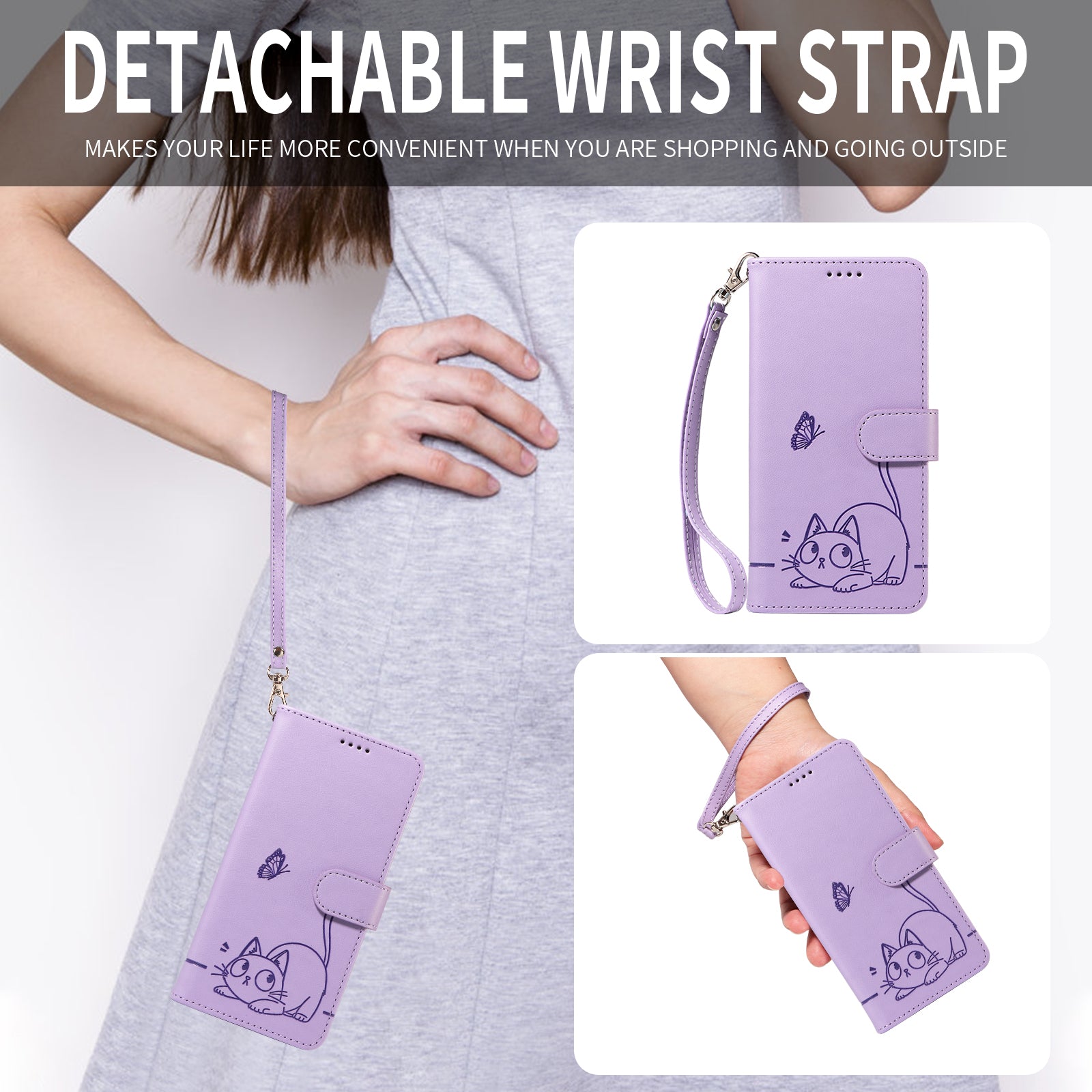 For Motorola Moto G57 Power 5G / Motorola Moto G100 5G (2025) / Motorola Moto G67 Power 5G Case Cat Pattern Imprint Leather Phone Cover with Wrist Strap - Purple