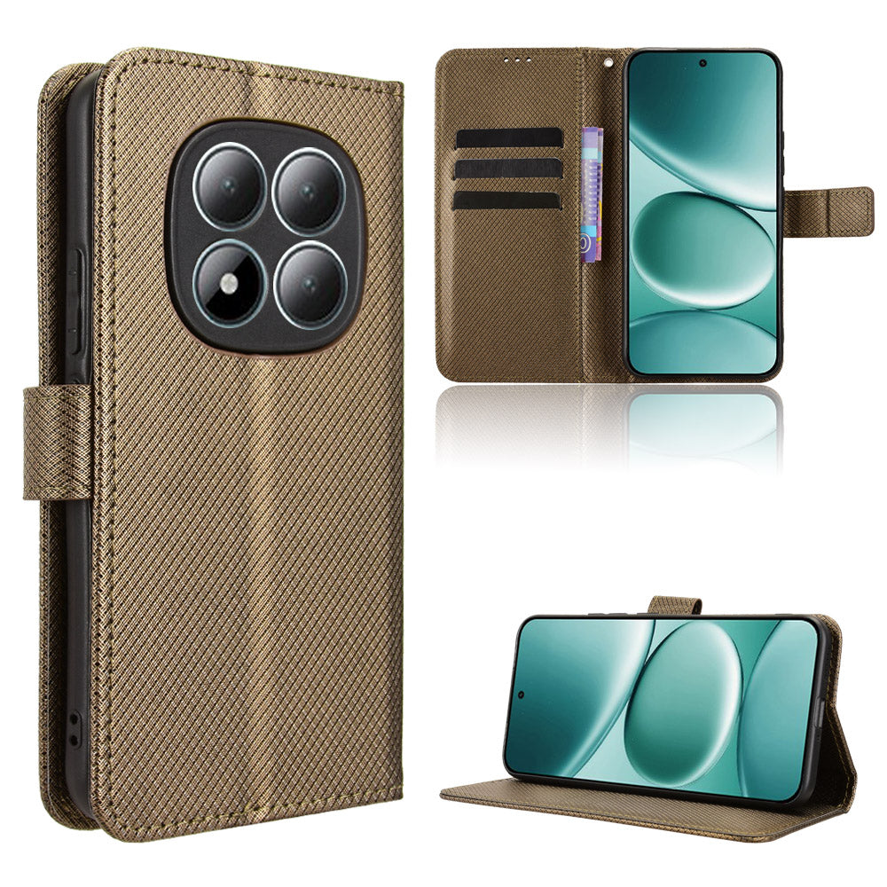 For Xiaomi Redmi Note 15 Pro 4G (Global) Leather Wallet Case with Strap Diamond Texture Phone Cover - Brown