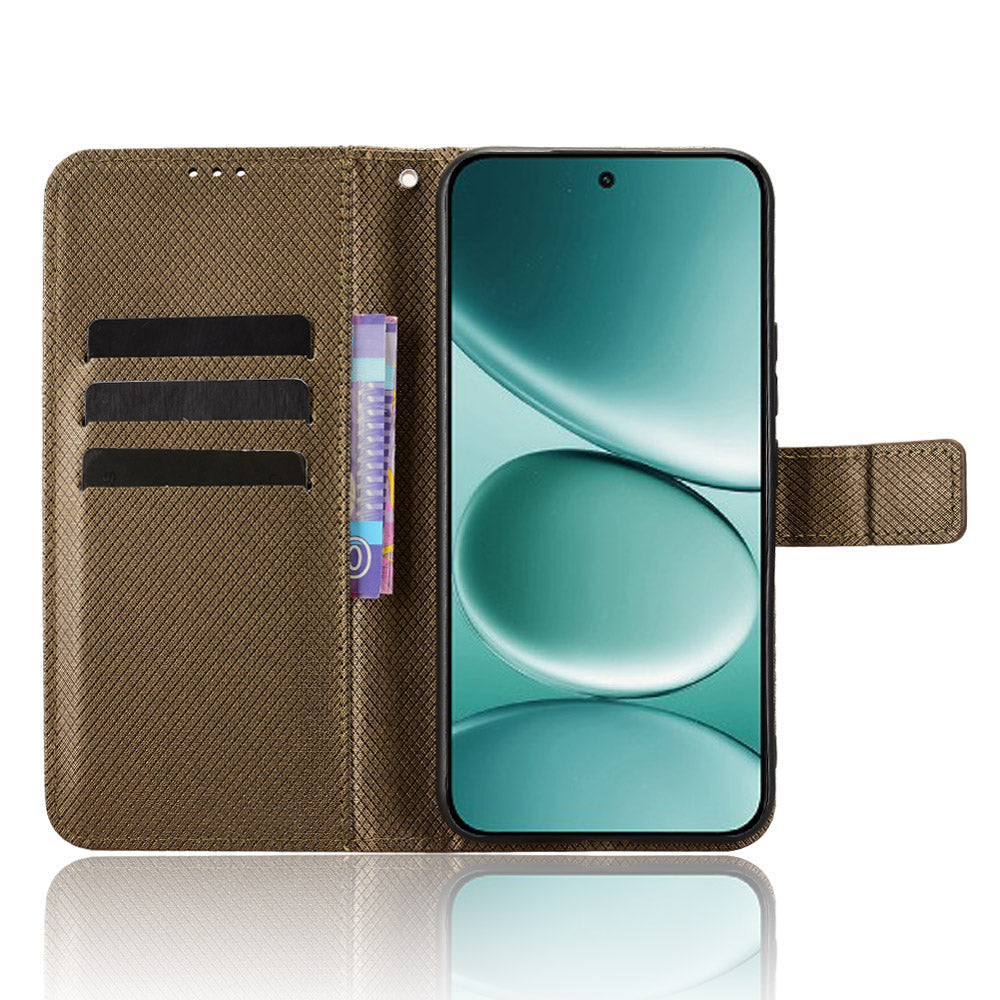 For Xiaomi Redmi Note 15 Pro 4G (Global) Leather Wallet Case with Strap Diamond Texture Phone Cover - Brown