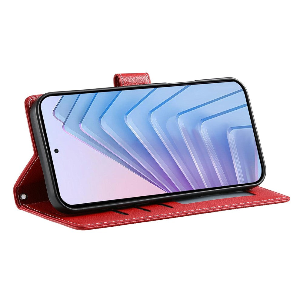 For Xiaomi Redmi Note 15 Pro 4G (Global) Case Magnetic Snap Litchi Texture Leather Wallet Phone Cover with Wrist Strap - Red