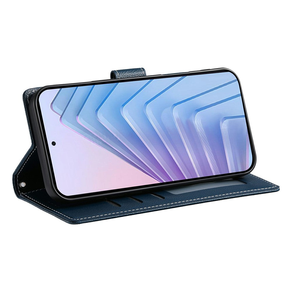 For Xiaomi Redmi Note 15 Pro 4G (Global) Case Magnetic Snap Litchi Texture Leather Wallet Phone Cover with Wrist Strap - Dark Blue