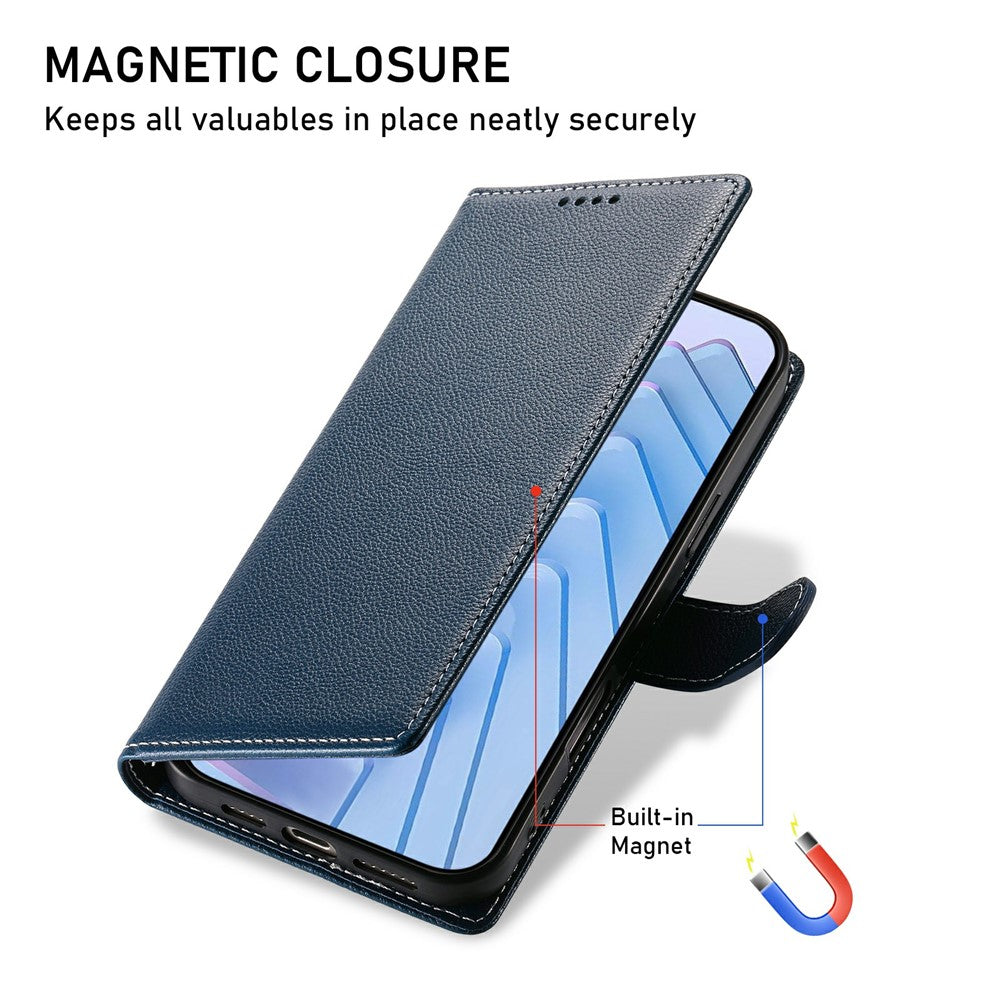 For Xiaomi Redmi Note 15 Pro 4G (Global) Case Magnetic Snap Litchi Texture Leather Wallet Phone Cover with Wrist Strap - Dark Blue