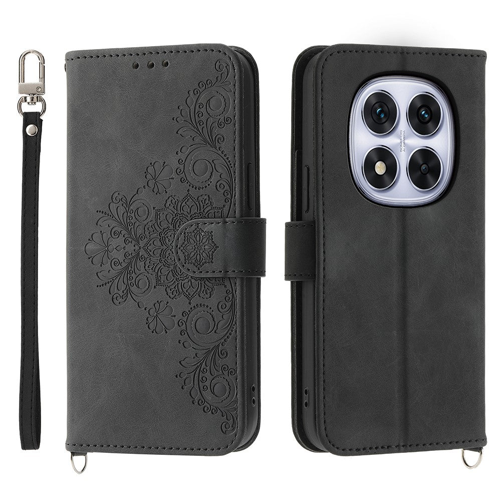 For Xiaomi Redmi Note 15 Pro 4G (Global) Case Flower Pattern PU Leather Wallet Phone Cover with Strap - Black