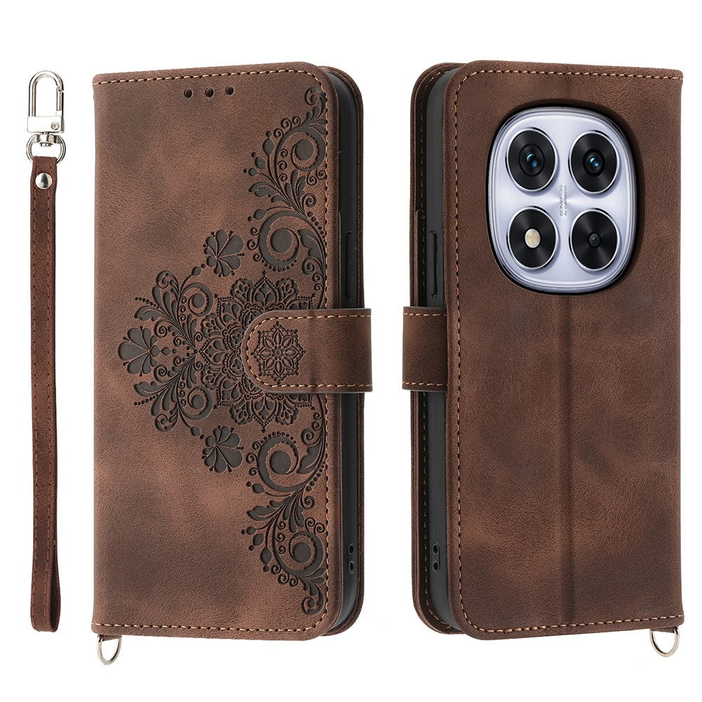 For Xiaomi Redmi Note 15 Pro 4G (Global) Case Flower Pattern PU Leather Wallet Phone Cover with Strap - Brown