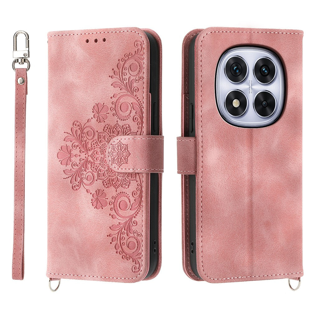 For Xiaomi Redmi Note 15 Pro 4G (Global) Case Flower Pattern PU Leather Wallet Phone Cover with Strap - Pink